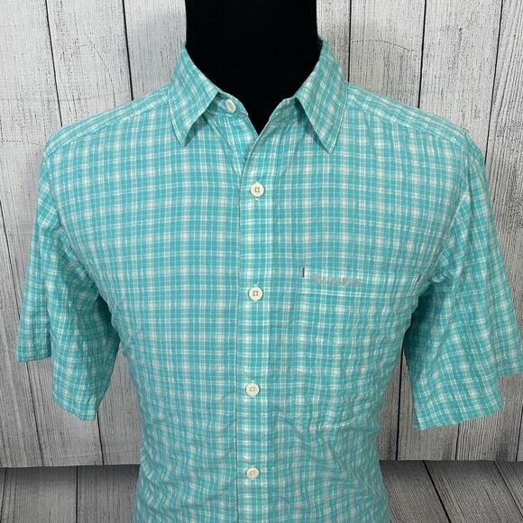 Simms Men's Large Teal Check Short Sleeve Button-Front Stretch Fishing Shirt - Picture 1 of 7